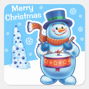 クリスマスブルーの四角いステッカー雪だるまドラマー。 スクエアシール
