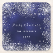 クリスマスブルーの白いグリッターのダストシルバー スクエアペーパーコースター (正面)