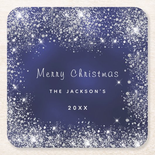 クリスマスブルーの白いグリッターのダストシルバー スクエアペーパーコースター (正面)