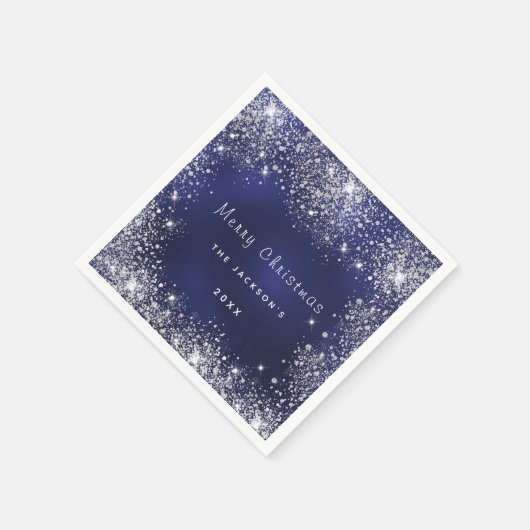 クリスマスブルーの白いグリッターのダストシルバー スタンダードカクテルナプキン (角)