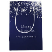 クリスマスブルーの白いグリッターのダストシルバー ミディアムペーパーバッグ (正面)