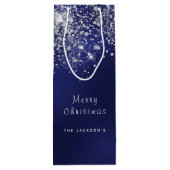 クリスマスブルーの白いグリッターのダストシルバー ワインギフトバッグ (裏面)