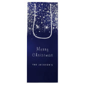 クリスマスブルーの白いグリッターのダストシルバー ワインギフトバッグ (正面)