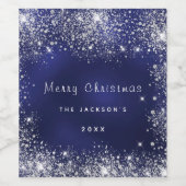 クリスマスブルーの白いグリッターのダストシルバー ワインラベル (シングルラベル)
