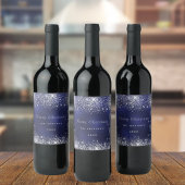 クリスマスブルーの白いグリッターのダストシルバー ワインラベル