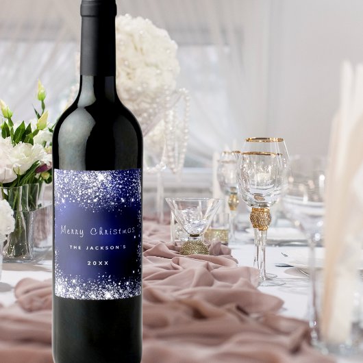 クリスマスブルーの白いグリッターのダストシルバー ワインラベル
