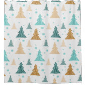 クリスマスブルーの白い雪片の木模様 シャワーカーテン (正面)