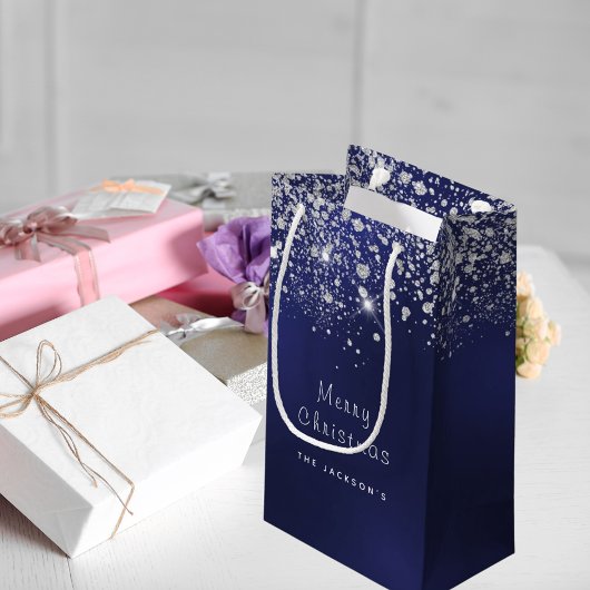 クリスマスブルーの白グリッター銀 スモールペーパーバッグ