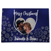 クリスマスブルーの銀雪写真ハート ラージペーパーバッグ (正面)