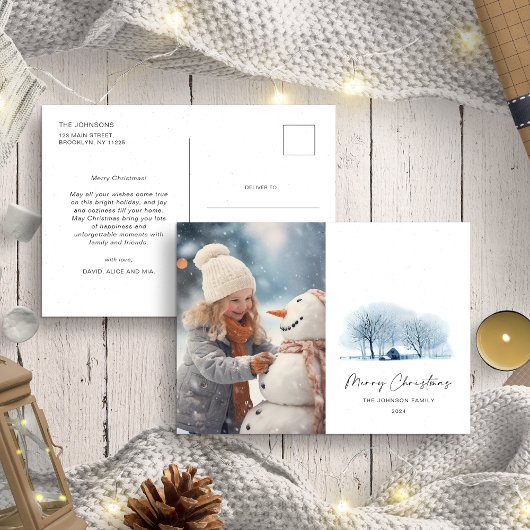 クリスマスブルーウィンタービレッジ素朴ランドスカ写真 ポストカード