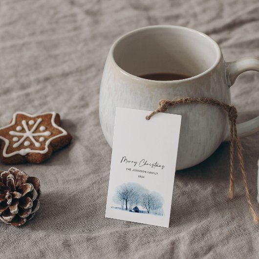 クリスマスブルーウィンタービレッジ素朴風景 ギフトタグ