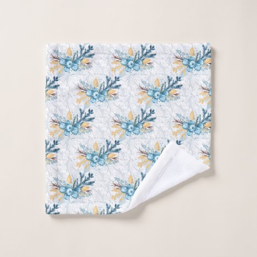 クリスマスブルーウィンターベリーとシルバーフィリグリー バスタオルセット (ウォッシュタオル)