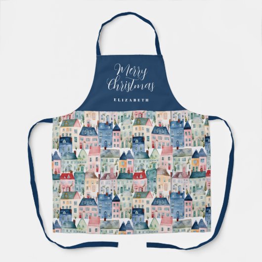 クリスマスブルーウォーターカラーカラフルハウスホリデイ エプロン (正面)
