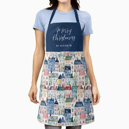 クリスマスブルーウォーターカラーカラフルハウスホリデイ エプロン