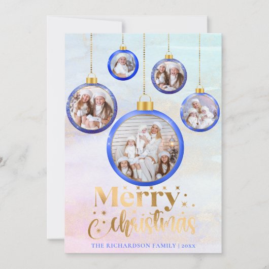 クリスマスブルーウォーター色5フォトオーナメント シーズンカード (正面)