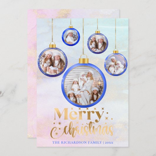 クリスマスブルーウォーター色5フォトオーナメント シーズンカード (正面/裏面)