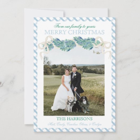 クリスマスブルーギンガムガーランドワンフォトヴィンテージ シーズンカード (正面)