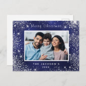 クリスマスブルーグリッターファミリー写真はがき インビテーションポストカード (正面/裏面)