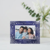 クリスマスブルーグリッターファミリー写真はがき インビテーションポストカード (スタンド正面)