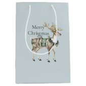 クリスマスブルーグリーンディアー ミディアムペーパーバッグ (正面)