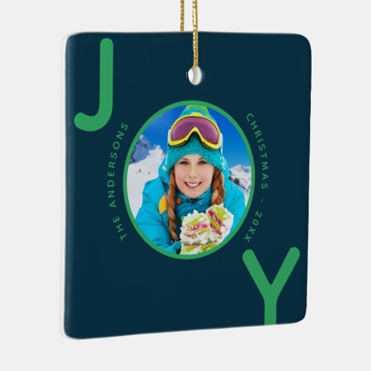 クリスマスブルーグリーン写真喜び家族の名前 セラミックオーナメント (右)