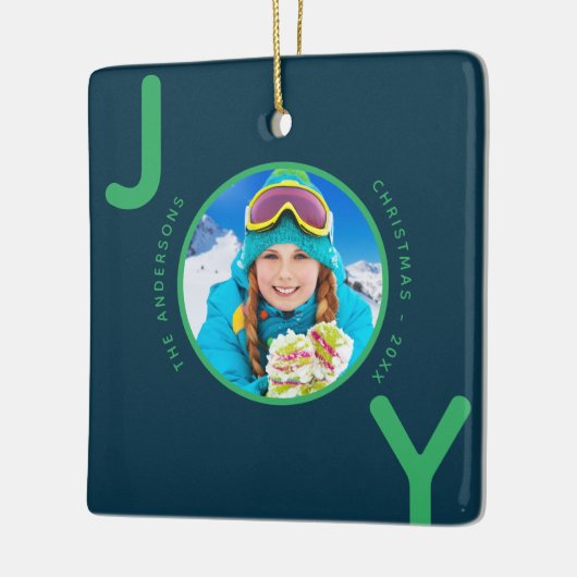 クリスマスブルーグリーン写真喜び家族の名前 セラミックオーナメント (左)