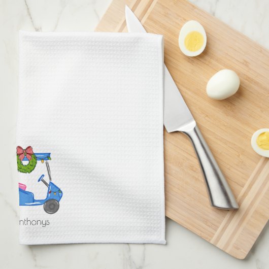 クリスマスブルーゴルフカートパーソナライズされた名門私立校風の キッチンタオル (四つ折り)