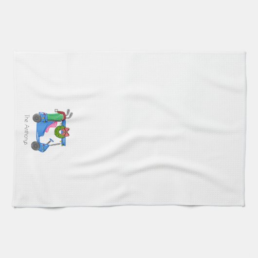 クリスマスブルーゴルフカートパーソナライズされた名門私立校風の キッチンタオル (横)