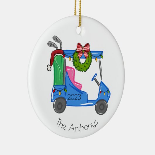 クリスマスブルーゴルフカートパーソナライズされた名門私立校風の セラミックオーナメント (右)