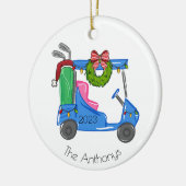 クリスマスブルーゴルフカートパーソナライズされた名門私立校風の セラミックオーナメント (左)