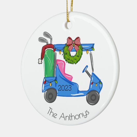 クリスマスブルーゴルフカートパーソナライズされた名門私立校風の セラミックオーナメント (左)