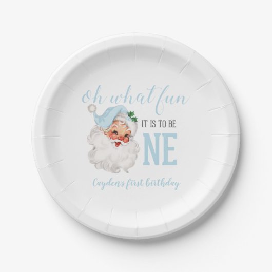 クリスマスブルーサンタファースト誕生日 ペーパープレート (正面)