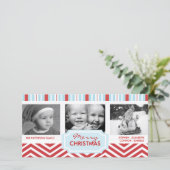 クリスマスブルーストライプのクリスマスレッドシェブロンのホリデーフォト シーズンカード (スタンド正面)