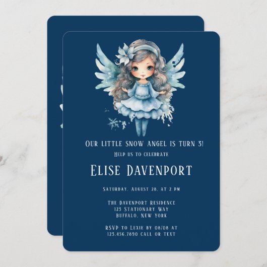 クリスマスブルースノーエンジェルガールバースデーパーティー 招待状 (正面/裏面)