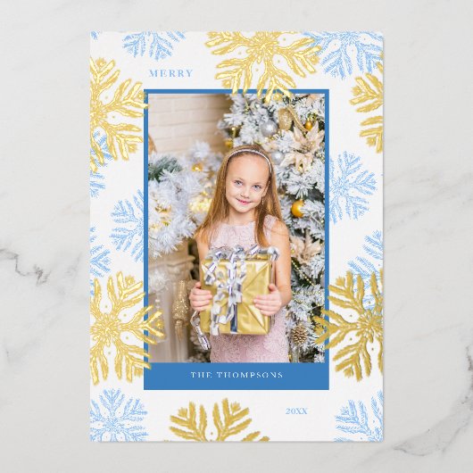 クリスマスブルースノーフレークフレームデザインライト 箔シーズンカード (正面)