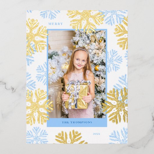 クリスマスブルースノーフレークフレームデザインライト 箔シーズンポストカード (正面)