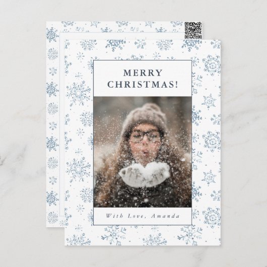 クリスマスブルースノーフレーク水彩カスタム写真 シーズンポストカード (正面/裏面)