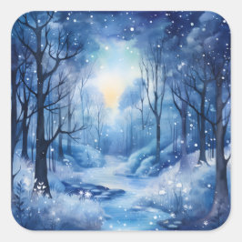 クリスマスブルーツリーズウッズリバー雪のシーン スクエアシール