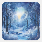 クリスマスブルーツリーズウッズリバー雪のシーン スクエアシール (正面)