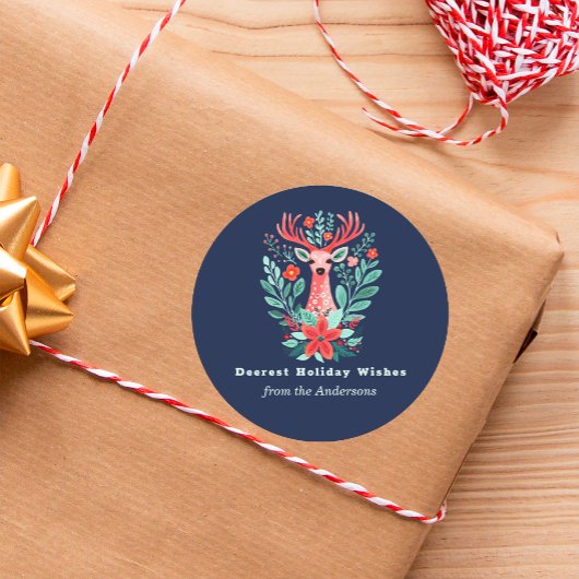 クリスマスブルートナカイフローラホリデー ラウンドシール