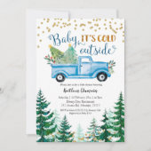 クリスマスブルートラックベビー外は寒い 招待状 (正面)