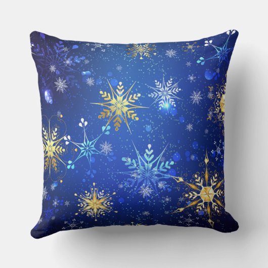 クリスマスブルーバックグラウンドと黄金の雪片 クッション (裏面)
