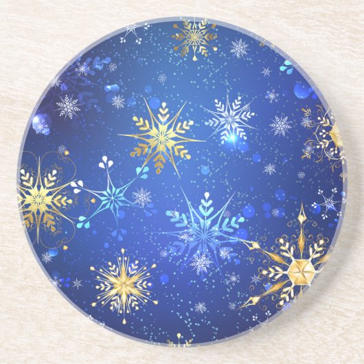 クリスマスブルーバックグラウンドと黄金の雪片 コースター (正面)
