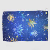 クリスマスブルーバックグラウンドと黄金の雪片 ゴルフタオル (横)
