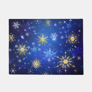 クリスマスブルーバックグラウンドと黄金の雪片 ドアマット