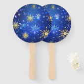 クリスマスブルーバックグラウンドと黄金の雪片 ハンドファン (正面&裏面)