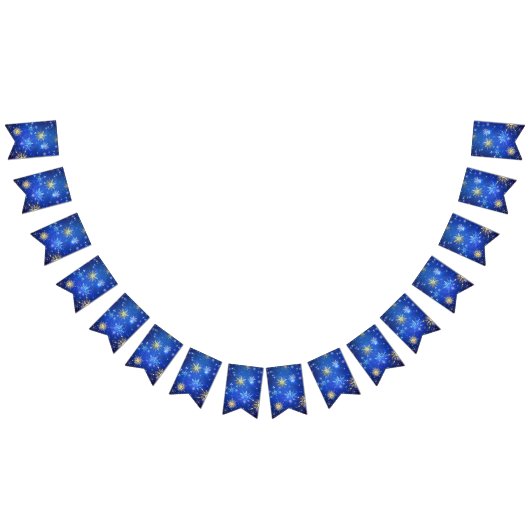 クリスマスブルーバックグラウンドと黄金の雪片 バンティングフラッグ (全)