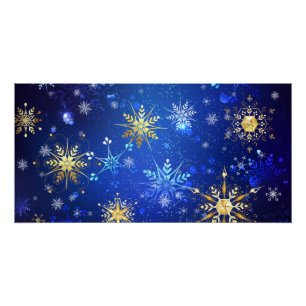 クリスマスブルーバックグラウンドと黄金の雪片 ポスター