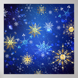 クリスマスブルーバックグラウンドと黄金の雪片 ポスター