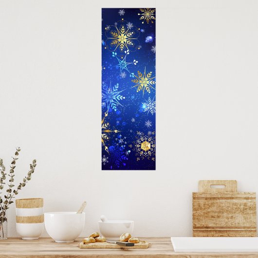 クリスマスブルーバックグラウンドと黄金の雪片 ポスター (キッチン)